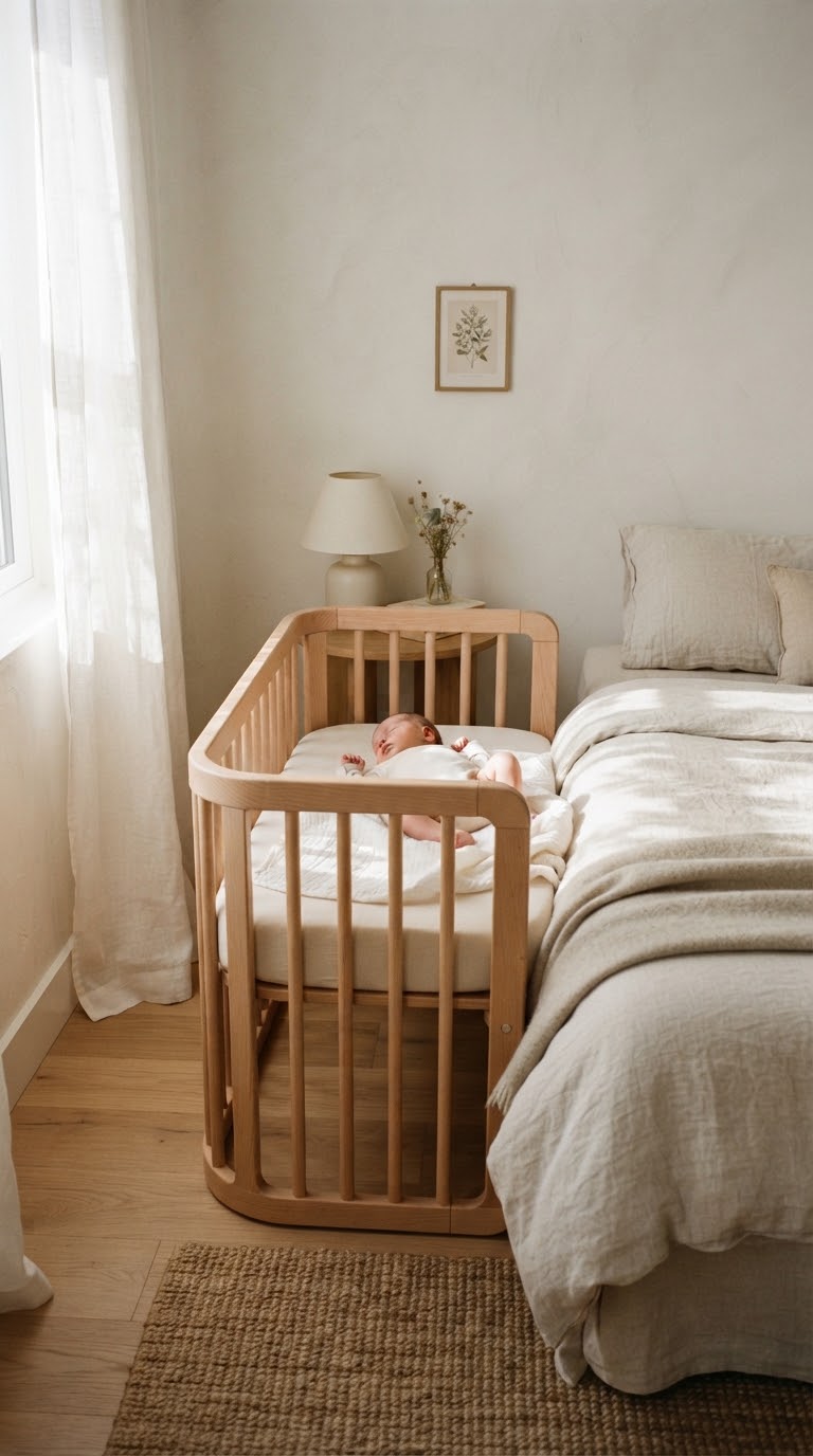 Vorbereitetes Beistellbett aus Naturholz in einem hellen Zimmer