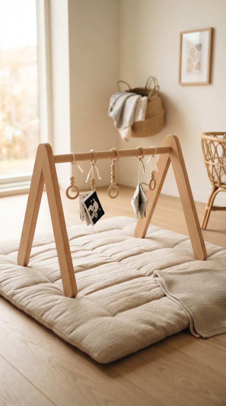 Schlichtes Holzmobile über einem Babybett bei Tageslicht
