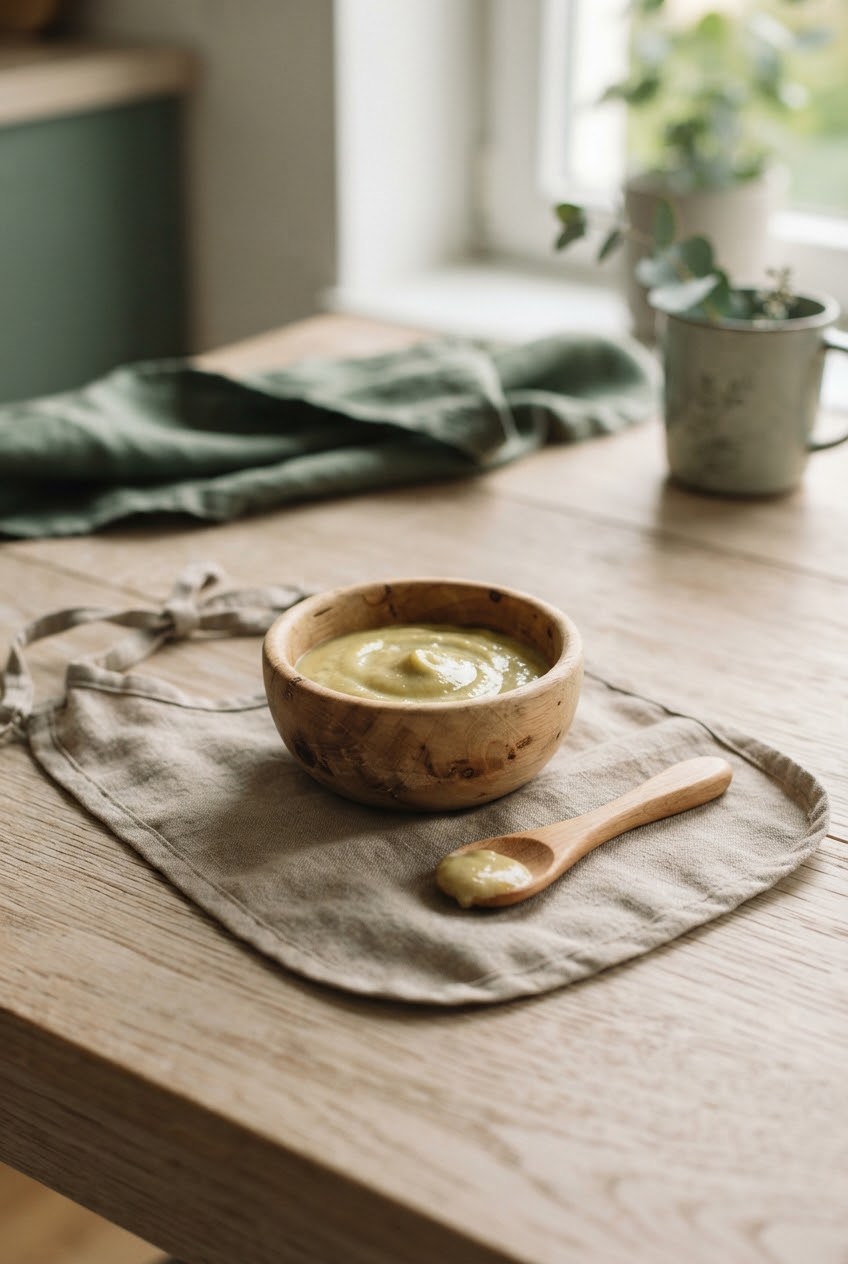 Kleine Holzschale mit Löffel und Leinenlätzchen auf hellem Tisch