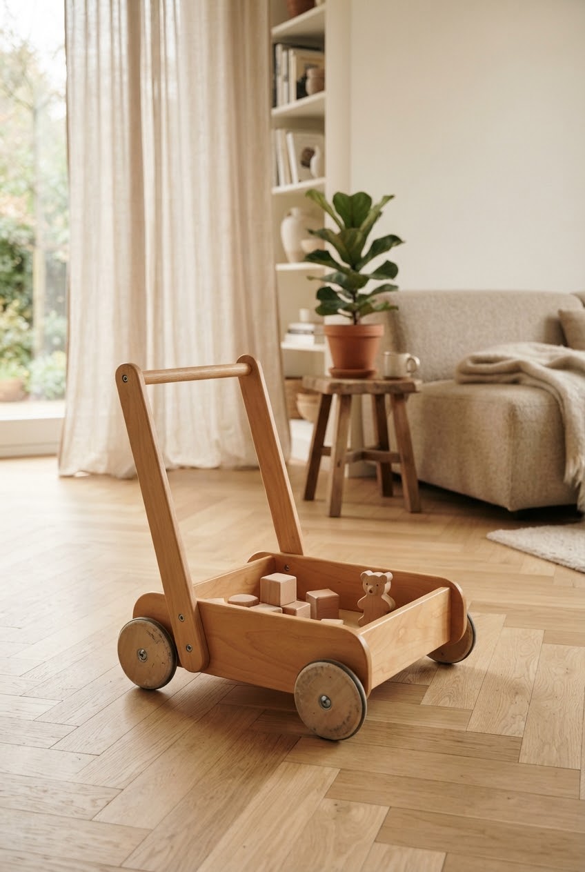 Lauflernwagen aus Naturholz auf hellem Dielenboden
