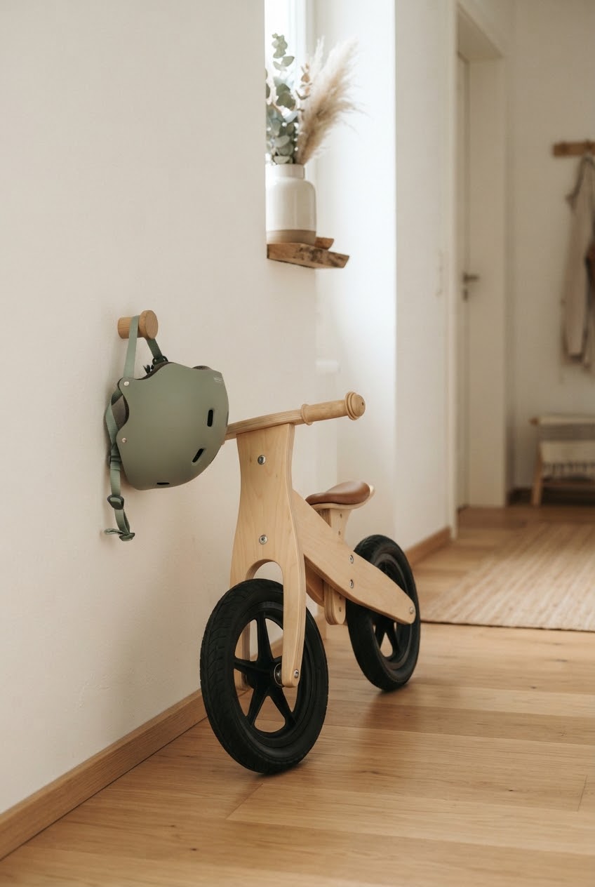 Holzlaufrad an einer hellen Wand, daneben ein kleiner Helm
