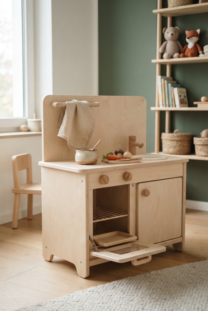 Schlichte Kinderküche aus Holz in einem ruhigen Kinderzimmer